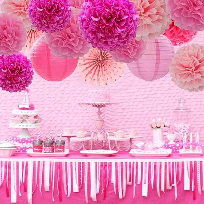 Hot Pink and Pink Hanging Tissue Paper Pom Poms - Image 4