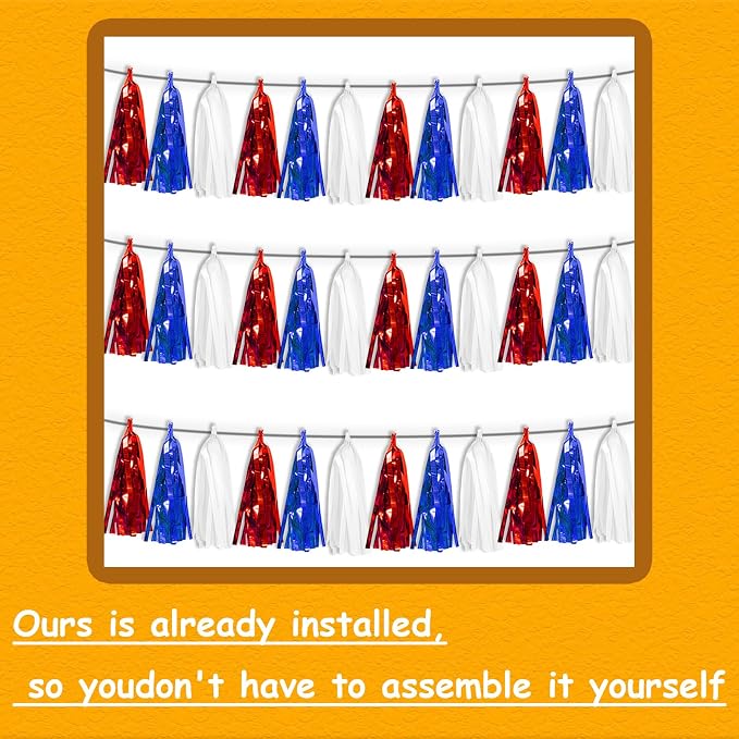 3P White Blue Red Tassel Banner Garland Metallic Foil Fringe Banner Tinsel - Image 3