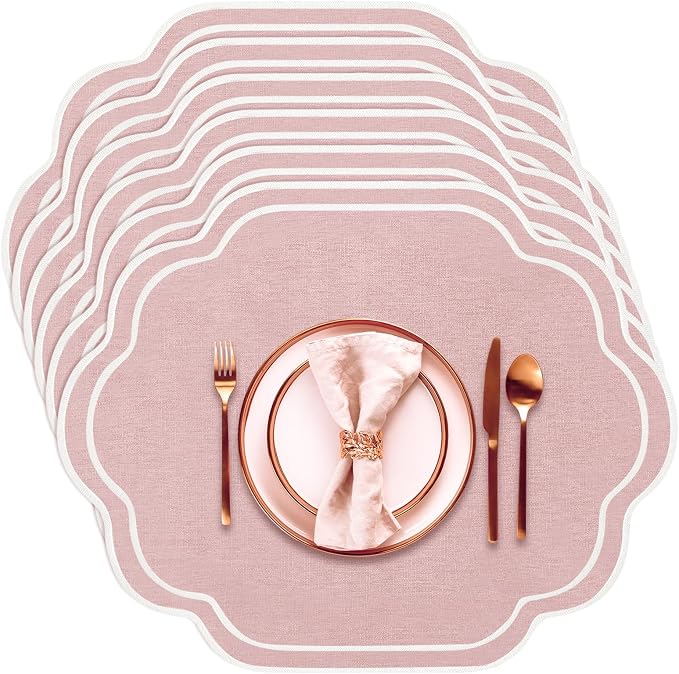 6 Pcs Pink Wedding Placemats Scalloped Embroidered Cotton Linen Placemats 17" x by Breling