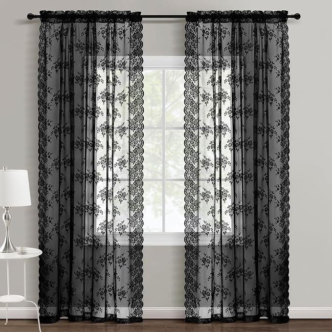Kotile Black Lace Curtains for Bedroom Rustic Floral 42 x 63 Inch 2 Panels | - Image 6