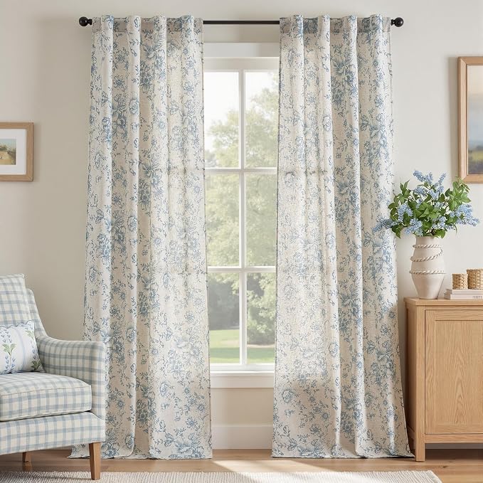 jinchan Blue Floral Linen Curtains 96 Inch Farmhouse Back Tab 2 Panels | Light by JINCHAN
