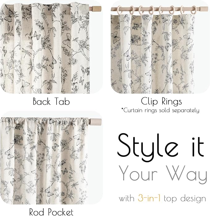 Black Floral Linen Curtains Farmhouse Rod Pocket 50W X 84L 2 Panels | Charlotte - Image 7