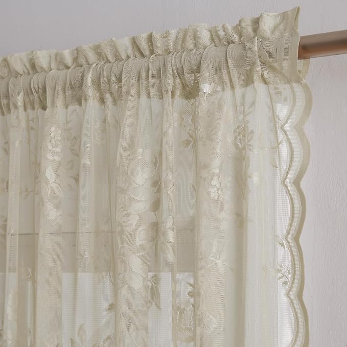 Khaki Lace Curtains 80 Inches Long 2 Panels Vintage Floral Sheer Curtains - Image 3