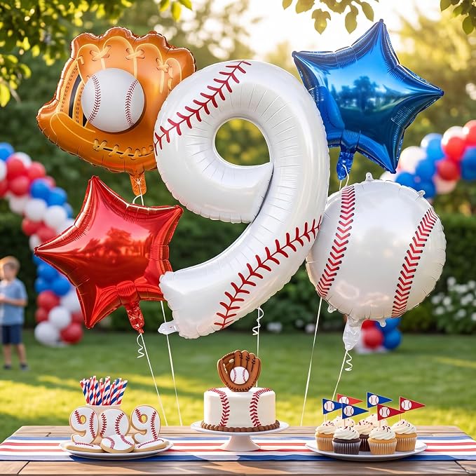 Jenaai Number 9 Baseball Balloons White Red and Blue Baseball Glove Balloons - Image 5