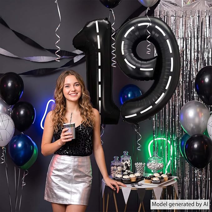 Black and White Stripes Number 19 Balloon 40 Inch, Foil Track Digit | Fast - Image 2