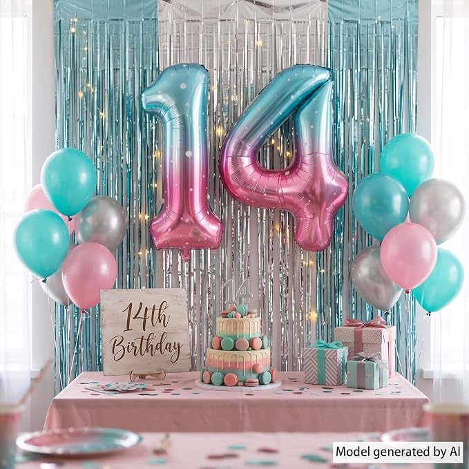 40 Inch Blue Pink Number 14 Balloon, Ombre Foil 14th Birthday Decorations | - Image 3