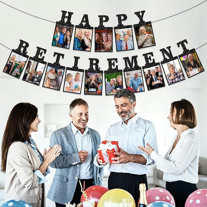 Black Pre-Strung Happy Retirement Photo Banner Party Decorations | Glitter - Image 5