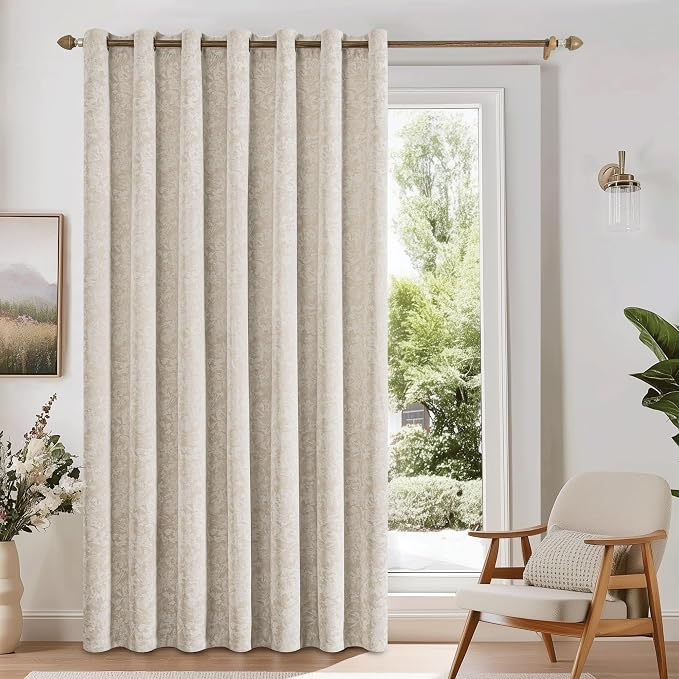 Beauoop Beige Floral Jacquard Blackout Sliding Door Curtains 100x84 1 Set | by Beauoop