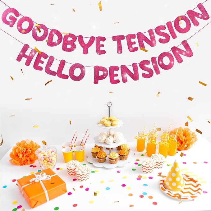 Retirement Banner Pre-Strung GOODBYE TENSION HELLO PENSION Banner Glitter - Image 4