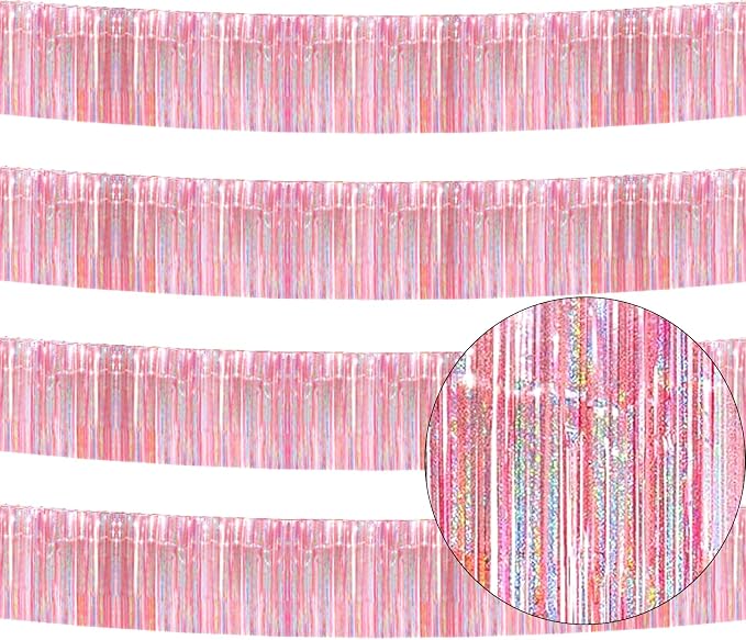4 Pack Iridescent Pink Total 40 Feet Foil Fringe Garland Metallic Tinsel Banner by iiCheerful