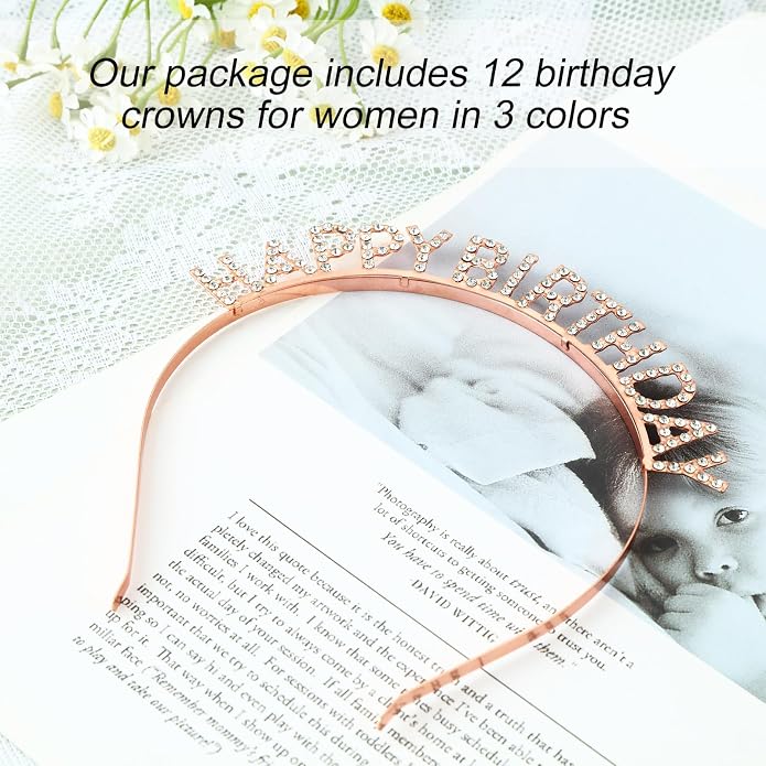 Lyrow 12 Pcs Rhinestone Happy Birthday Crowns Headbands Party Decorations - Image 3