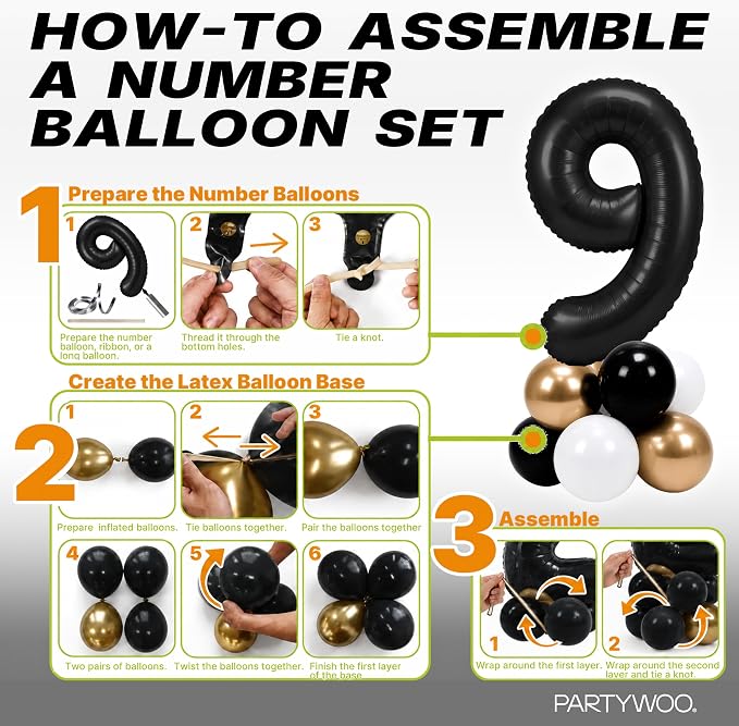 PartyWoo Number Balloons 40 Inch Black Number 9 Kit 25pcs - Image 7
