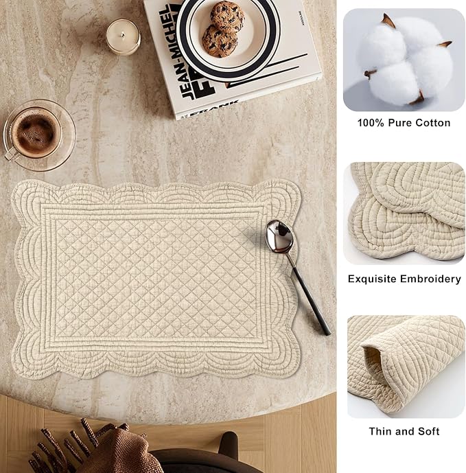 6 PC Quilted Placemats, 100% Cotton Fabric Washable Cloth Table Mats - Image 4