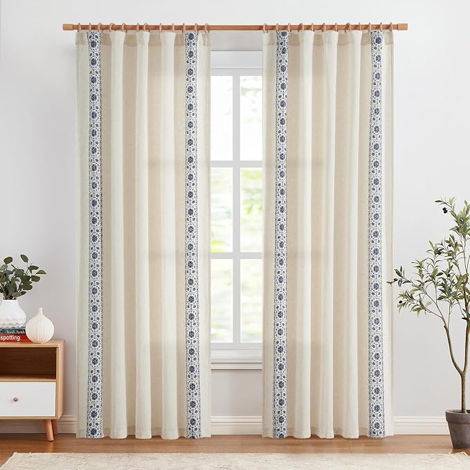 jinchan Floral Linen Curtains Embroidered Back Tab 50x90in 2 Panels Blue | - Image 3