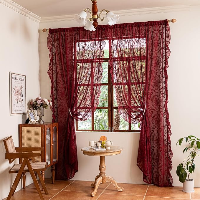 Deeprove Boho Lace Sheer Burgundy Curtains - Image 8