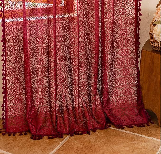 Burgundy Boho Lace Curtains, 59 X 54 inch, Wine Red Sheer Window Panels | Sheer - Image 5