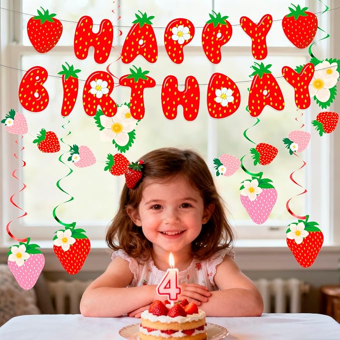 MEETINGU Strawberry Happy Birthday Banner Set, Strawberry Themed Birthday Party - Image 3