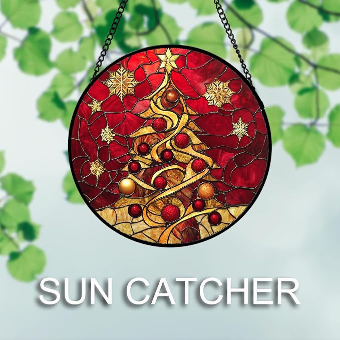 DASTOLL Stained Glass Window Hanging 4 Pcs Set Red Christmas Elk Snowflakes 6.3" - Image 5