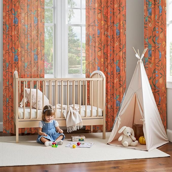 90 Inch Boho Floral Curtains Tropical Bird Print Linen Semi Sheer Window Drapes - Image 8