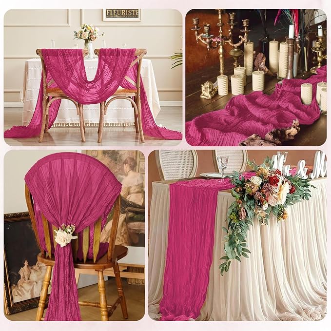 6 Pack Hot Pink Cheesecloth Table Runner 17x108 Inch Semi Sheer Boho Gauze - Image 7