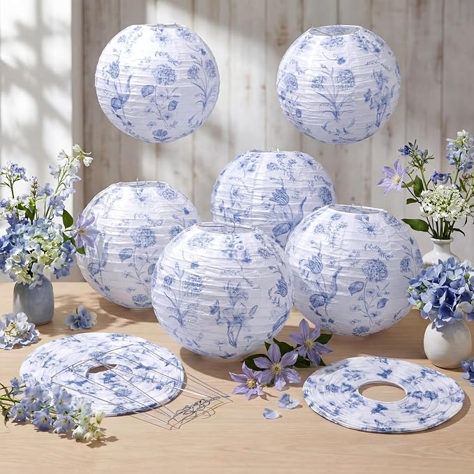 Honoson 12 Pcs Chinoiserie Paper Lanterns Blue and White Floral Chinoiserie - Image 5