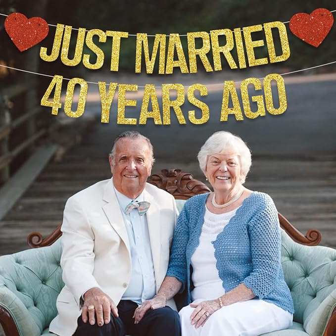 Gold Glitter Just Married 40 Years Ago Banner, NO DIY, Pre-Strung 40th Wedding - Image 5