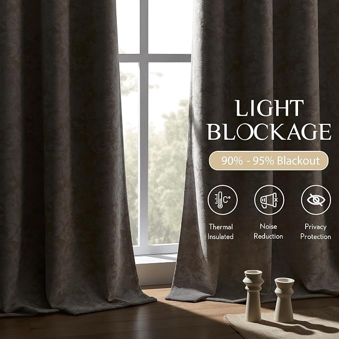 Beauoop Beige Floral Jacquard Blackout Sliding Door Curtains 100x84 1 Set | - Image 3