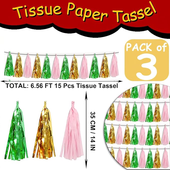 3P Sage-Green Gold Pink Tassel Banner Garland Metallic Foil Fringe Banner - Image 2