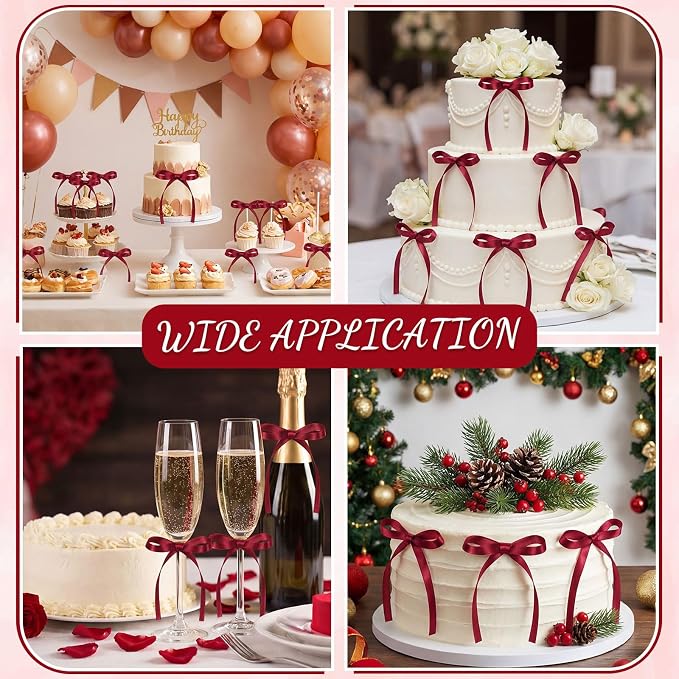 30 Pack Bow Cake Toppers Wine Red Ribbon Bows - Image 5