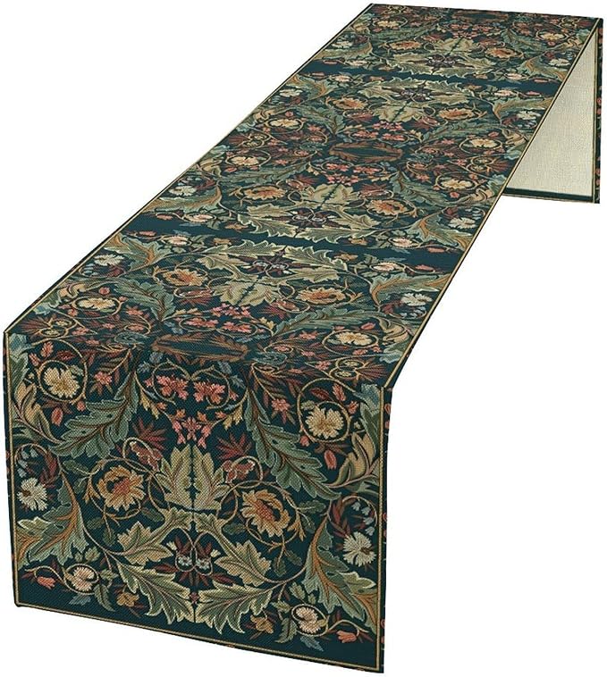 Green Morris Floral Table Runner, Boho Rustic Country Farmhouse Teal Red Rose Pattern for Home Kitchen Table Decor Dining Coffee Room Party Decor 13x90in