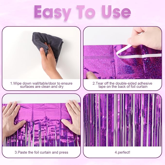 Voircoloria 3 Pack 3.3 x 8.2 ft Laser Purple Foil Fringe Backdrop Curtains - Image 5