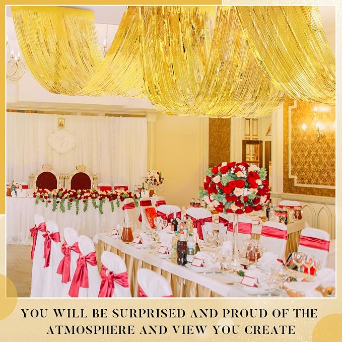 4 Pcs 15ft Gold Metallic Foil Ceiling Fringe Curtains, Party Decor Fringe Drapes - Image 5