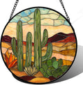 Stained Glass Window Hanging, Green Cactus Sun Catcher for Door Terrace Garden Home Decor, Abstract Desert Landscape Suncatcher Birthday Gifts for Lovers Women Men Dad Mom Nana 11.8 in