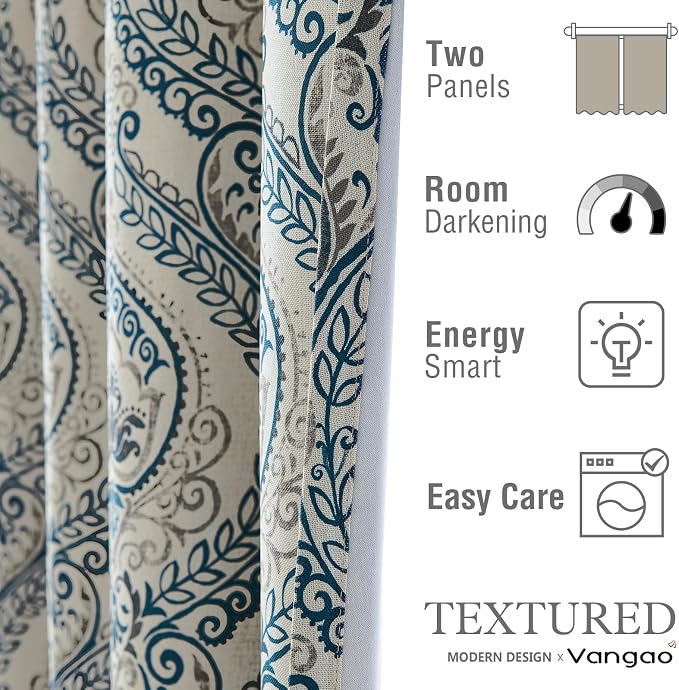 Navy Paisley Linen Textured Curtains 96 in Vintage Grommet 2 Panels | Room - Image 7