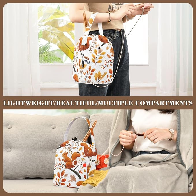 Orange Autumn Squirrels and Leaves Yarn Bag Small Crochet Bag Drawstring Yarn - Image 5