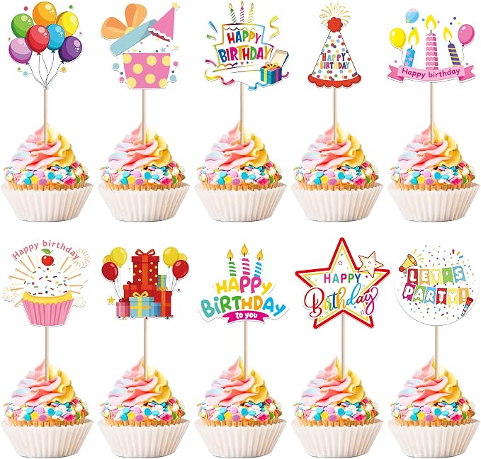 40 PCS Happy Birthday Cupcake Toppers Balloon Star Cheers Party Time Firework by ZHUOWEISM