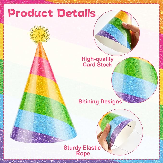 24PCS Colorful Birthday Party Cone Hats Glitter Paper Hat - Image 3