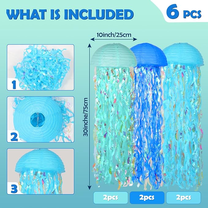Set of 6 Blue Hanging Jellyfish Paper Lanterns 10'' - Image 3