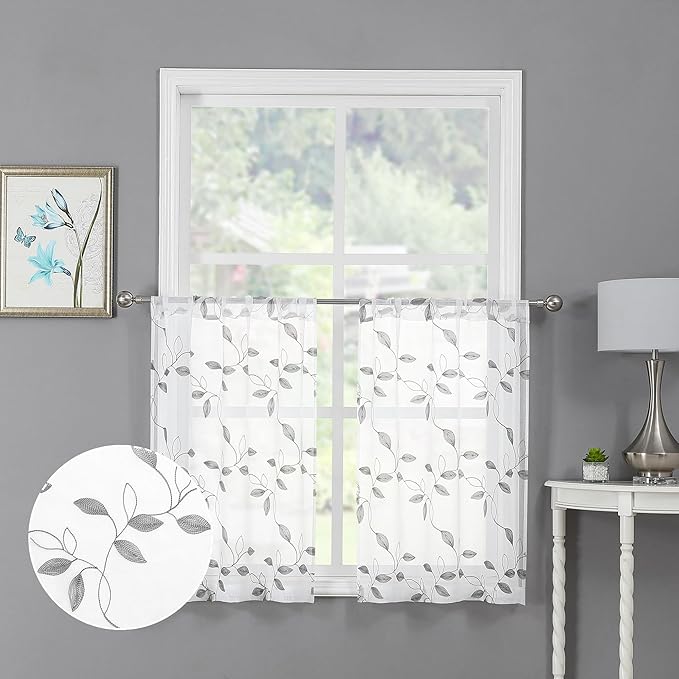 Tollpiz Grey Leaf Sheer Tier Curtain Kitchen 30 x 36 Inches | Leaves by Tollpiz