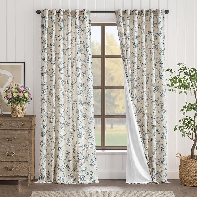 Black Floral Linen Lined Curtains Rod Pocket 50W X 96L 2 Panels | Charlotte - Image 2