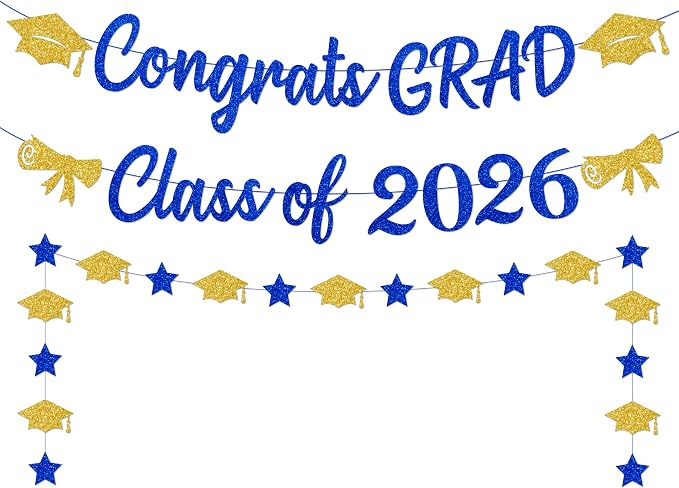 Blue and Gold Graduation Decorations Banner 2026, Glitter Blue and Gold Class by Unknown