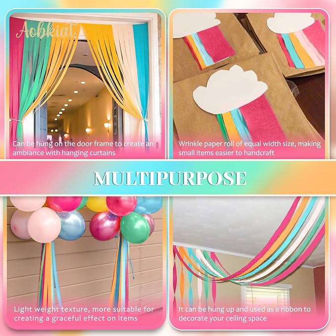 AOBKIAT 5 Rolls Rainbow Streamers Crepe Paper, Candyland Party Decorations | - Image 4