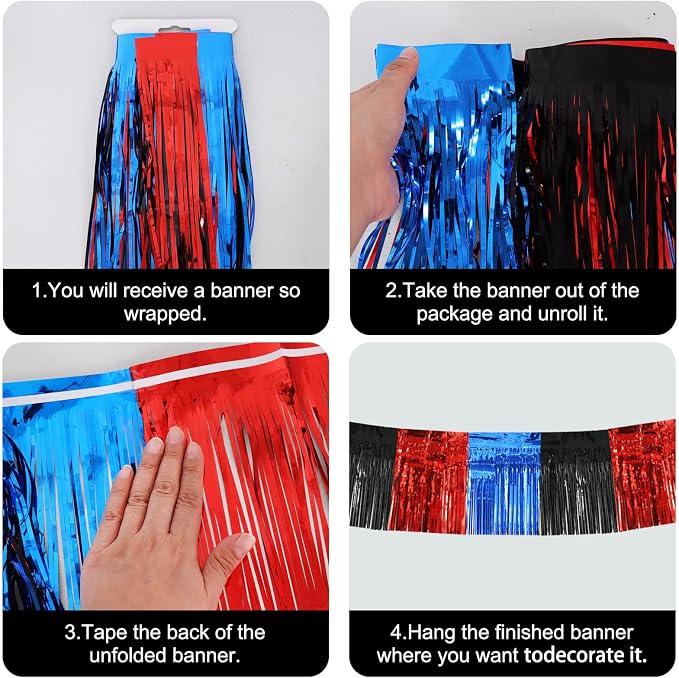 BEISHIDA Red Blue Black Fringe Garland Banner Wall Tinsel Foil Streamers | 3Pack - Image 3
