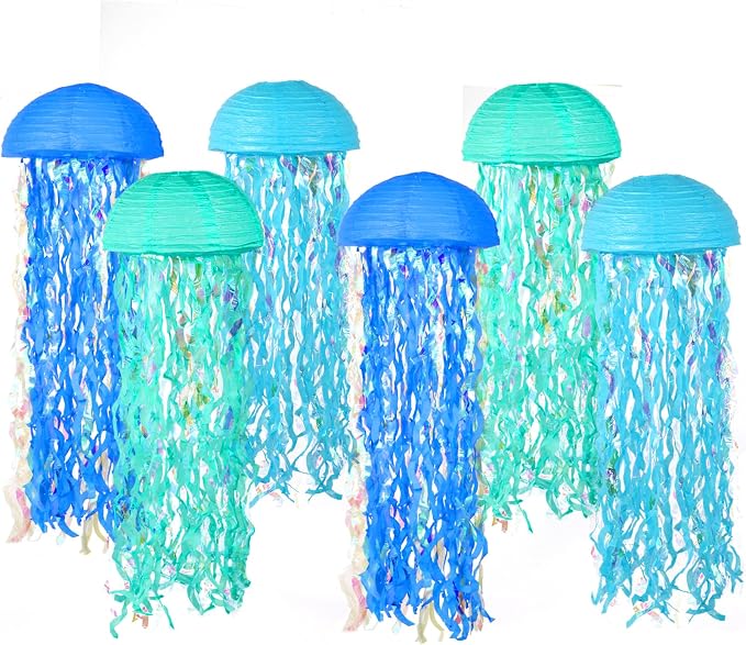 Set of 6 Blue Hanging Jellyfish Paper Lanterns 10'' by YXZXUM