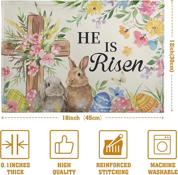 He is Risen Easter Placemats Set of 4 12x18 Inch Bunny Floral Cross Table Mats - Image 4