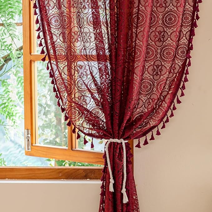 Burgundy Boho Lace Curtains, 59 X 54 inch, Wine Red Sheer Window Panels | Sheer by YJYANJUN