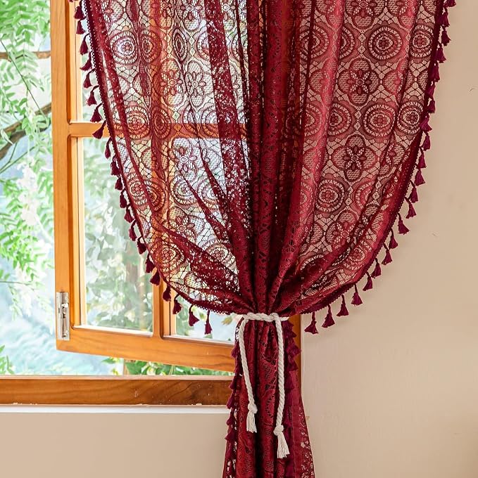 Burgundy Boho Lace Curtains, Wine Red Sheer Window Panels | Extra Long Crochet - Image 4