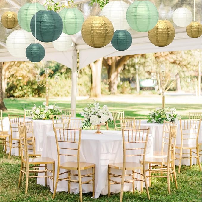 21Pcs Sage Green Gold Lanterns, 4-10in Hanging Decor, Wedding Baby Shower | - Image 7