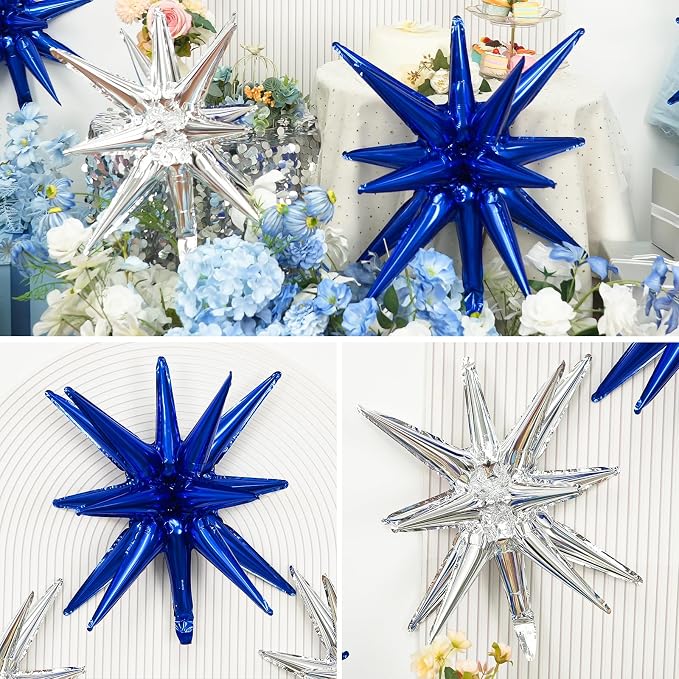 9Pcs Blue Silver Star Balloons, Large Navy Blue and Silver Explosion Foil - Image 6