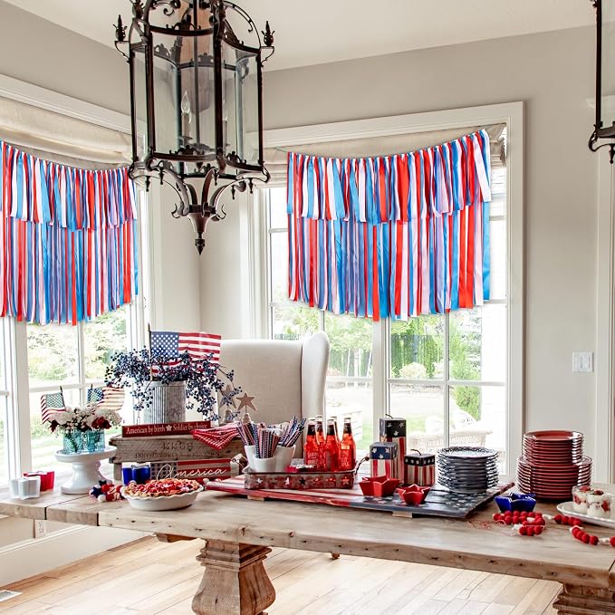 Handmade Red White Blue Ribbon Garland Banner, Pre-Strung Hanging Tassel - Image 4
